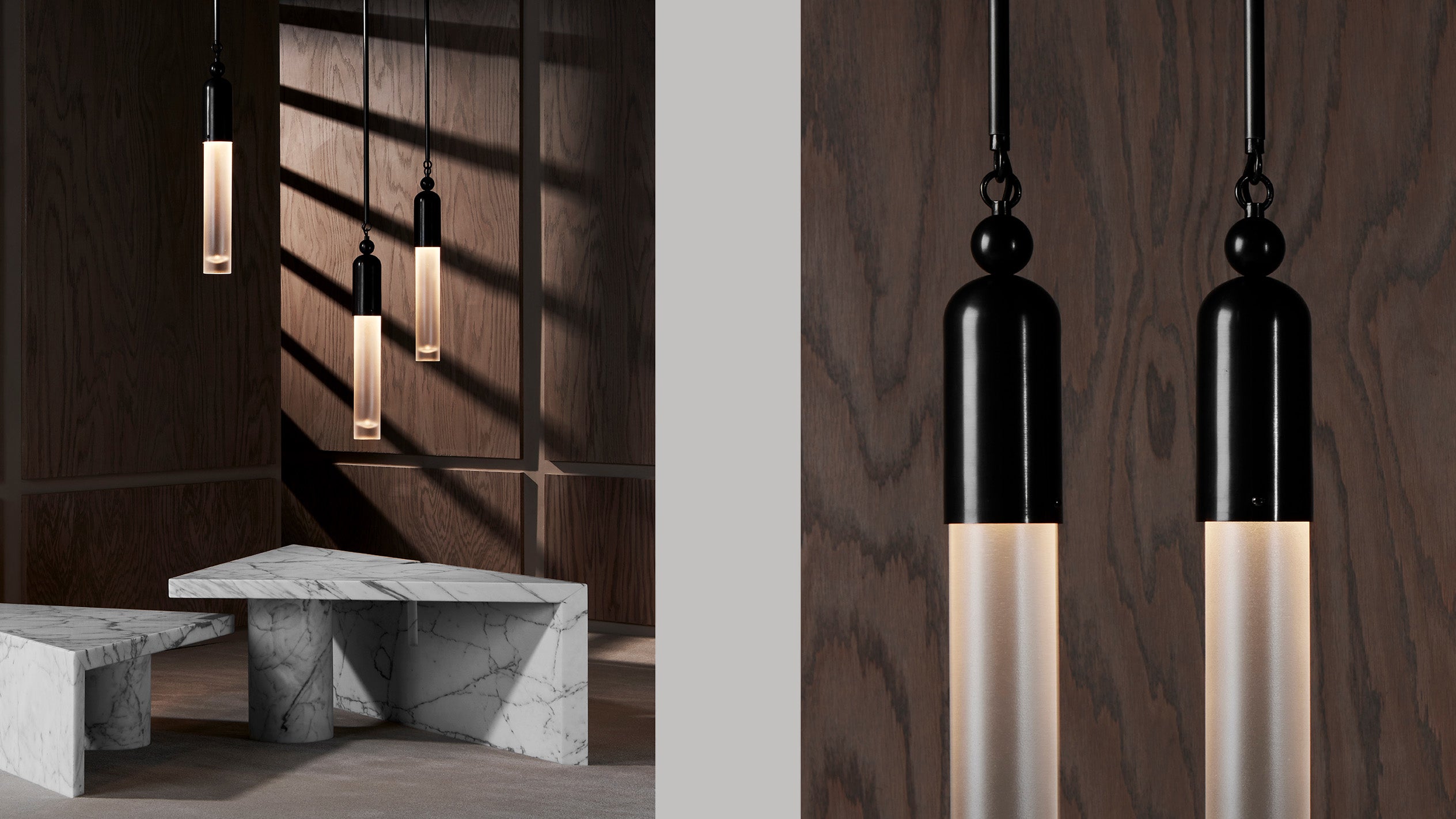 A trio of TASSEL : 1 ceiling pendants in Blackened Brass hanging at different heights over a marble table, alongside a close up image of a pair of illuminated TASSEL : 1 ceiling pendants showing details of the glass and of the Blackened Brass finish. 