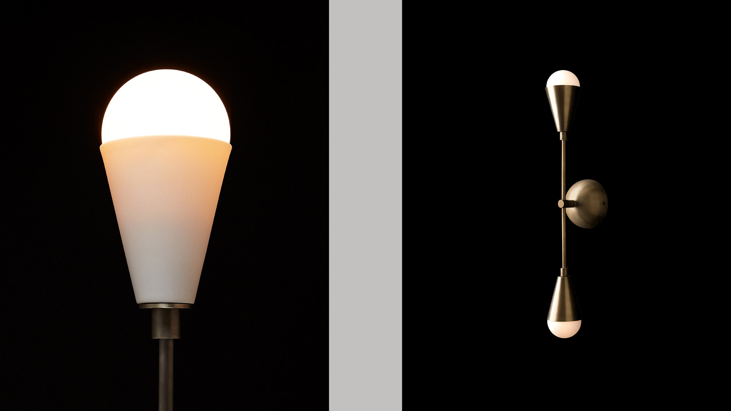 Close up of an illuminated TRIAD : 2 sconce showing details of the Aged Brass finish and Porcelain, alongside a wider image of a TRIAD : 2 sconce in Aged Brass. 