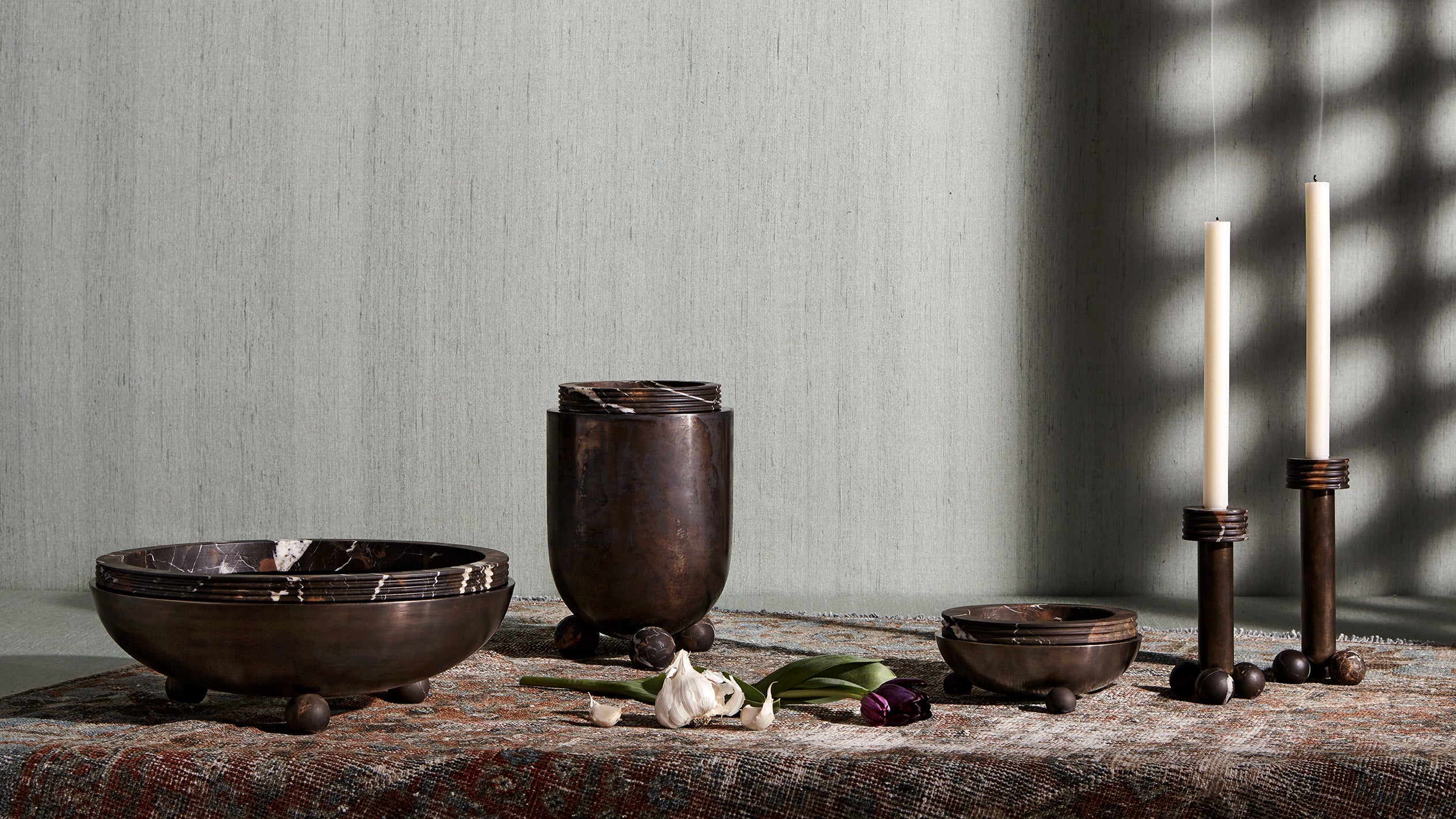 An assortment of decorative objects on a table top.