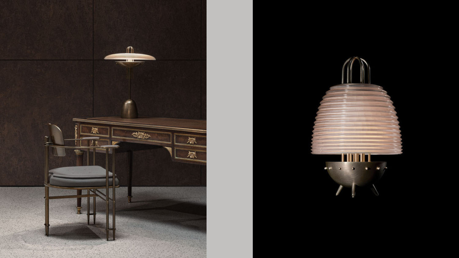 A SIGNAL : X table lamp sits on a vintage desk, alongside an image of another SIGNAL : X table lamp in Tarnished Silver with Clear Glass, against a black background. 