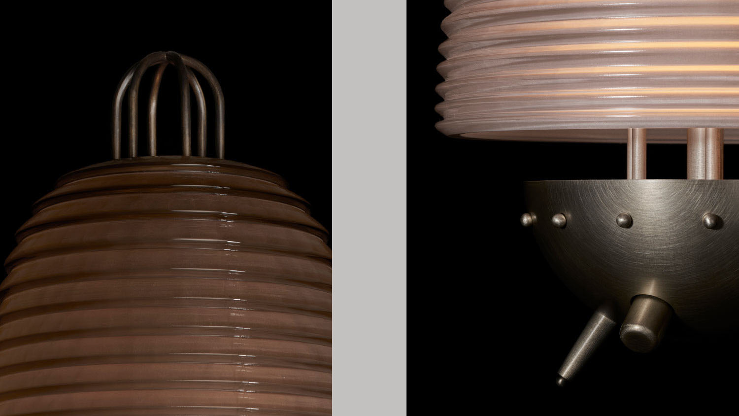 Close ups of the SIGNAL : X table lamp showing details of the Oil Rubbed Bronze with Smoked Glass, and Tarnished Silver with Clear Glass. 