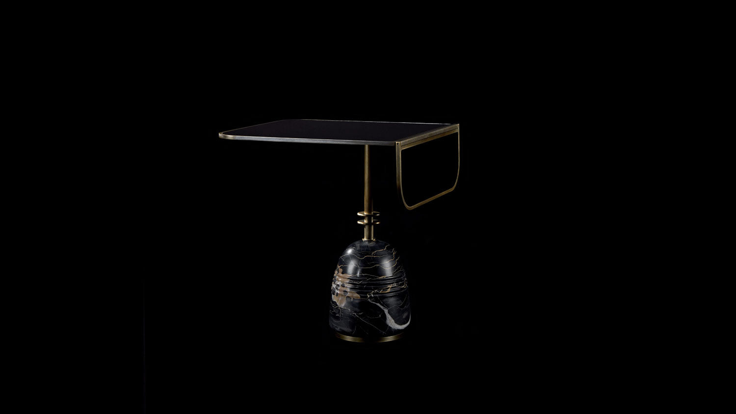 STANDBY side table in Black Patent Leather and Nero Portoro Marble, against a black background. 