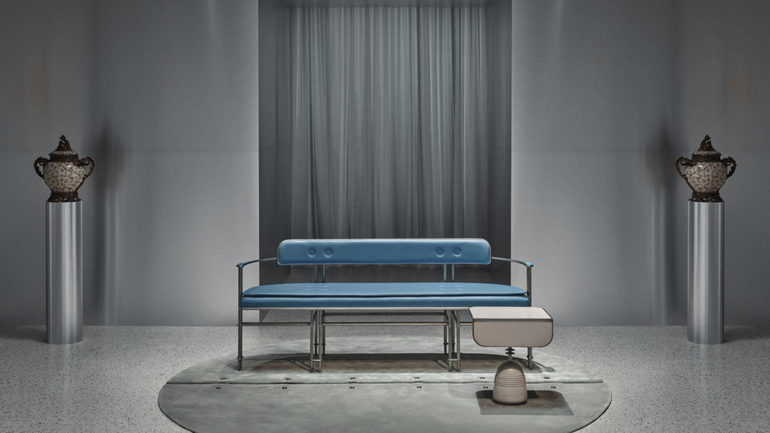 A STANDBY side table is on a circular modular rug in front of an EPISODE settee.