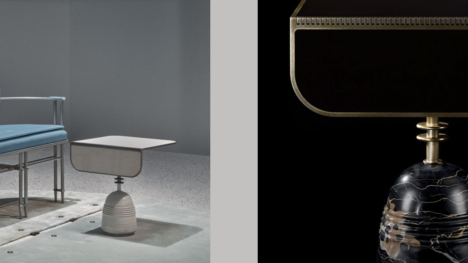 STANDBY side table in Powder Patent Leather, Silk Georgette Marble and Tarnished Silver, alongside an image of a side table in Black Patent Leather, Nero Portoro Marble and Aged Brass. 