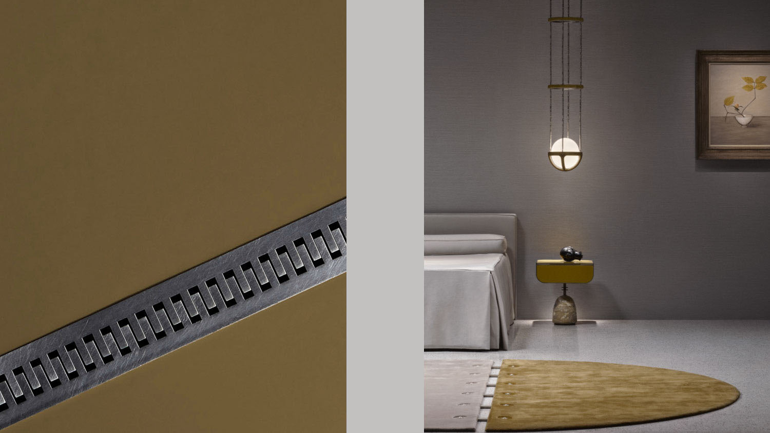 Close up image of a STANDBY side table showing details of the Ochre Patent Leather and Tarnished Silver, alongside an image of a side table next to a bed and under a REPRISE ceiling pendant. 