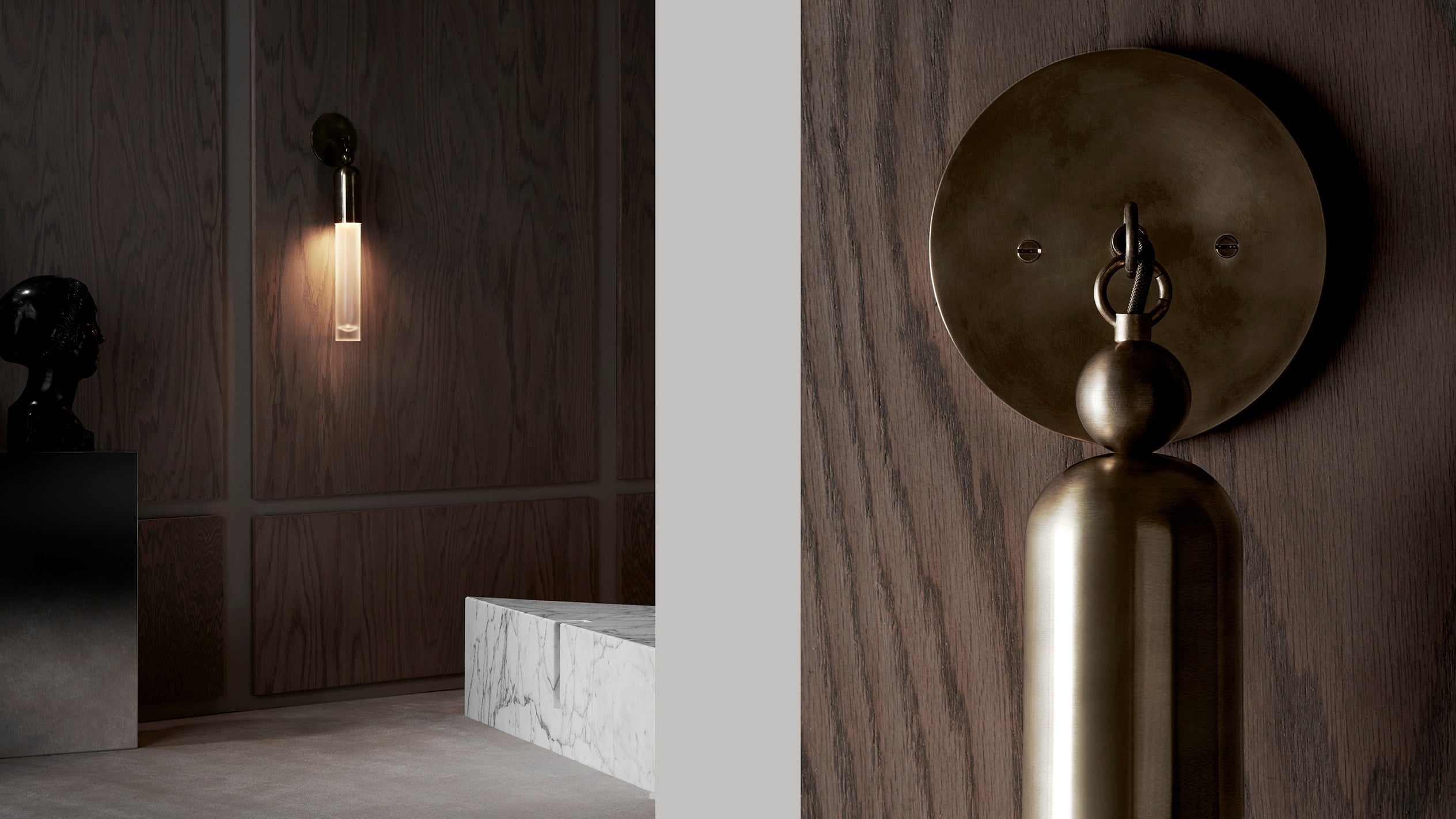 An illuminated TASSEL : 1 sconce mounted to a wood textured wall in a room decorated with a marble coffee table and black bust, alongside a close up image of the sconce showing details of the Aged Brass finish. 