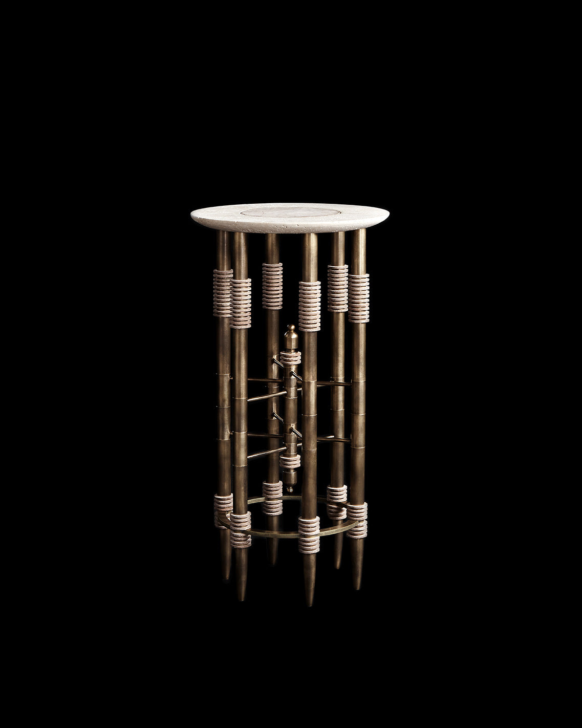 PARS cocktail table in Aged Brass, with Travertine Stone and Bisque Leather. 