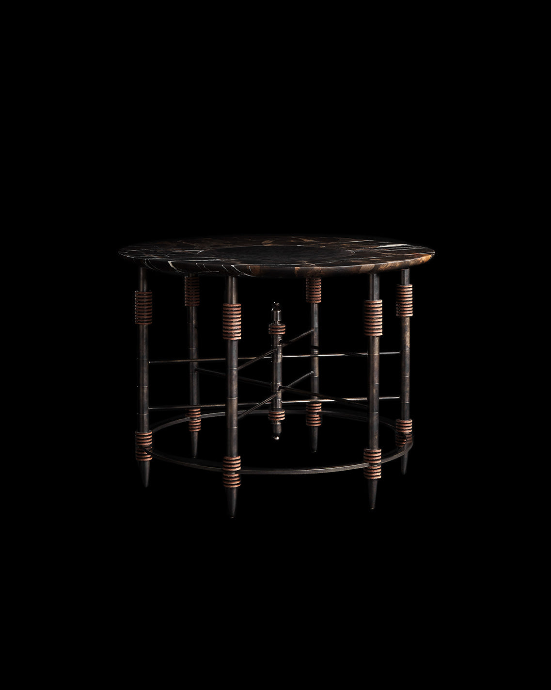 PARS side table in Oil-Rubbed Bronze with Nero Gold Marble and Ebene Leather, against a black background. 