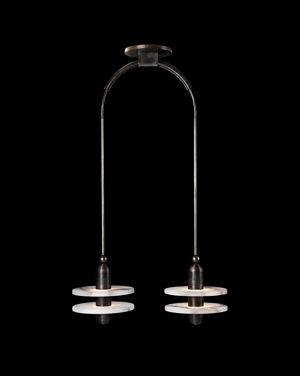 MEDIAN : 2 ceiling pendant in Oil-Rubbed Bronze finish hanging against a black background. 