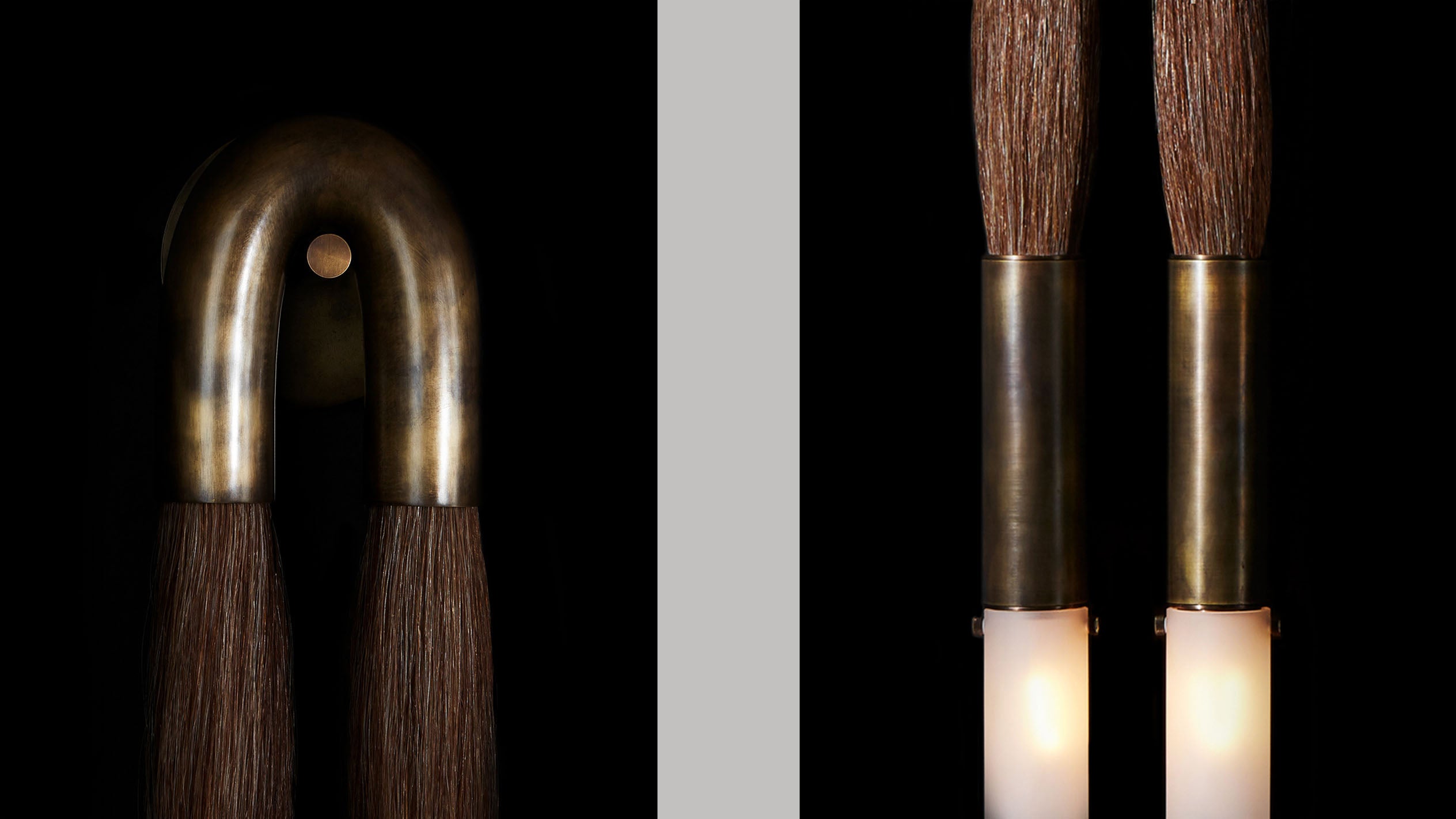 Close ups of an illuminated HORSEHAIR sconce showing details of the Oil-Rubbed Bronze finish and Flaxen Horsehair. 