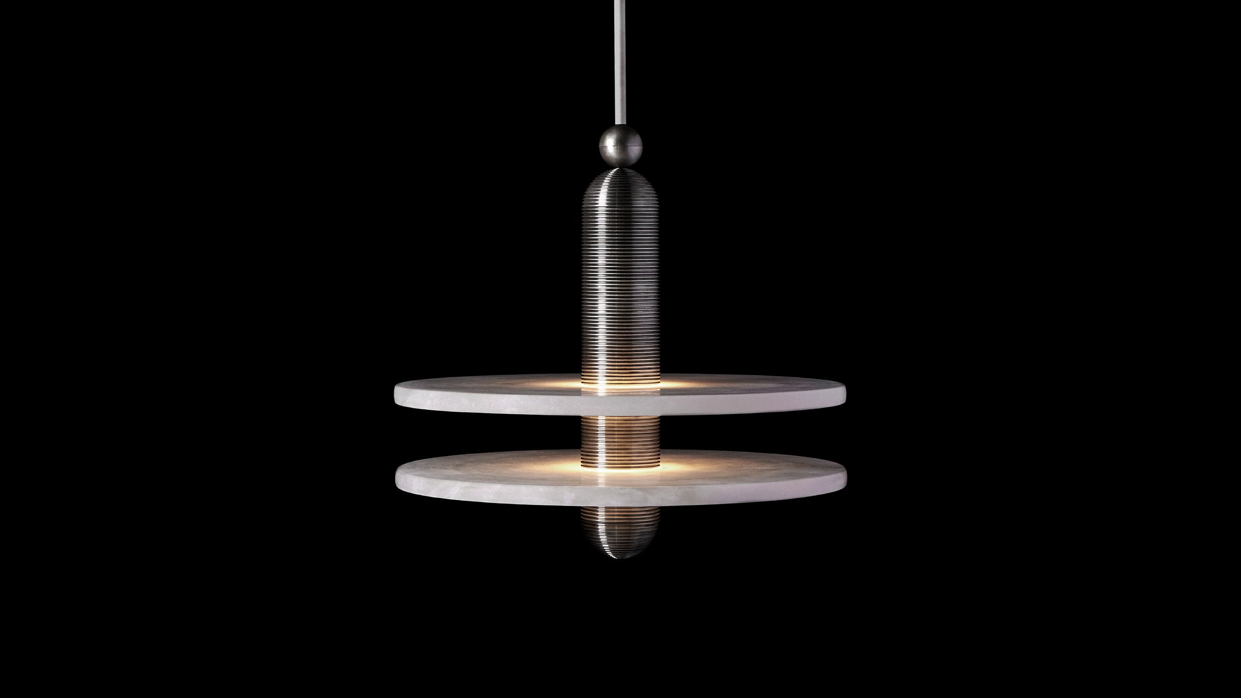 MEDIAN : 1 ceiling pendant in Tarnished Silver finish hanging against a black background. 
