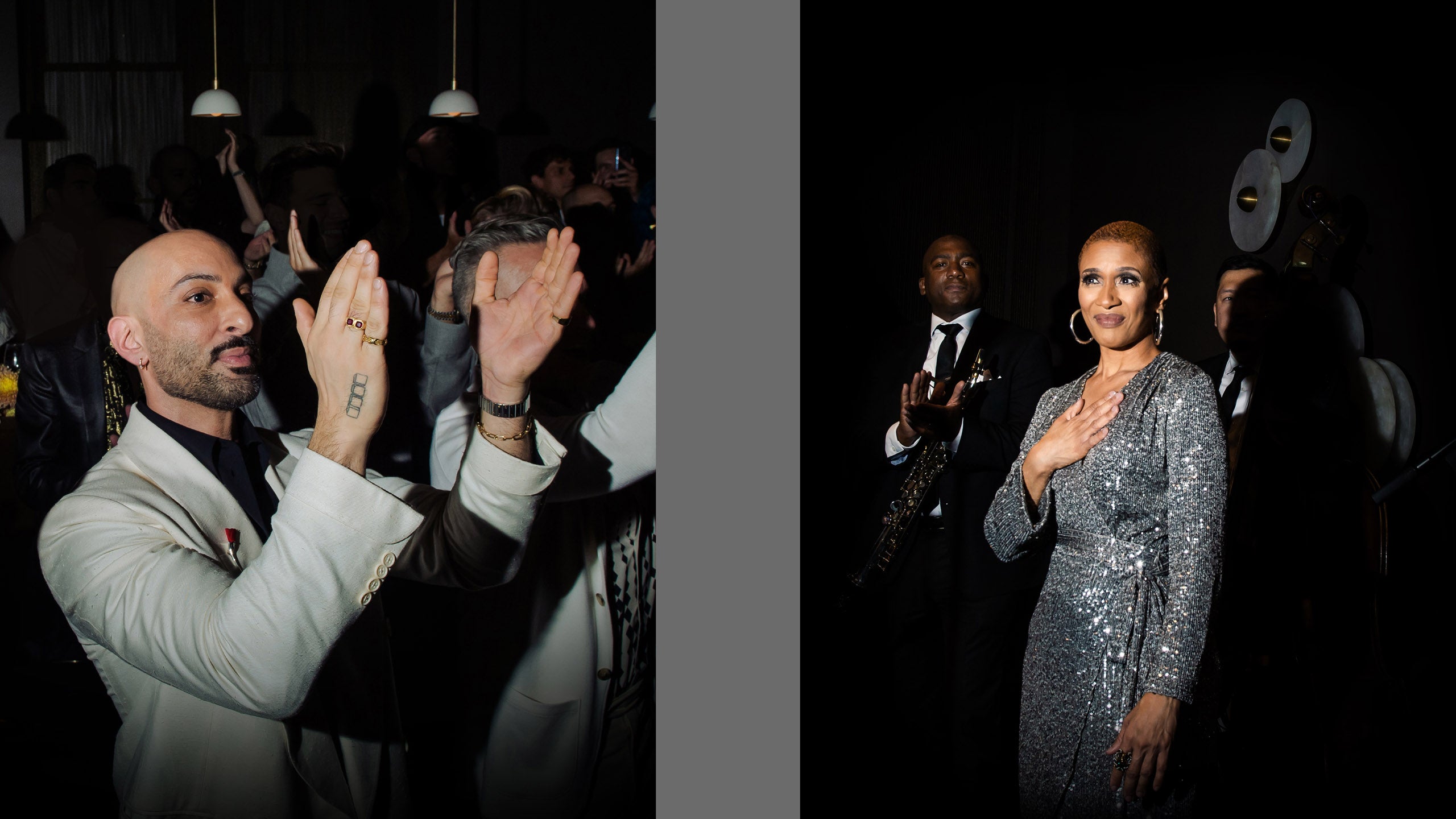 Gabriel Hendifar applauding, alongside an image of Jean Baylor with band members on stage.