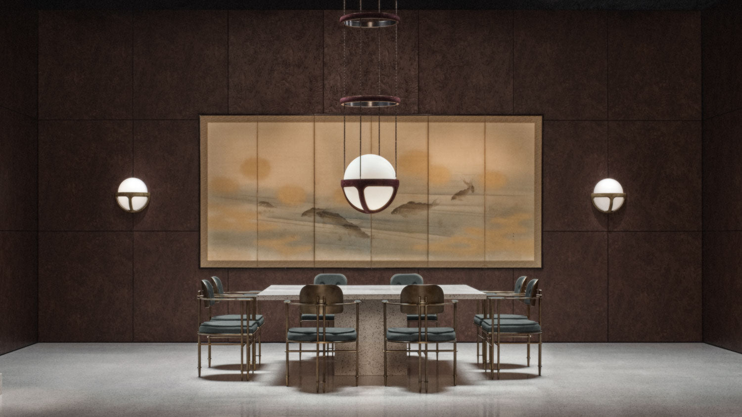 Eight EPISODE armchairs surrounding a table, with a REPRISE pendant light centered overhead and two REPRISE wall sconces.