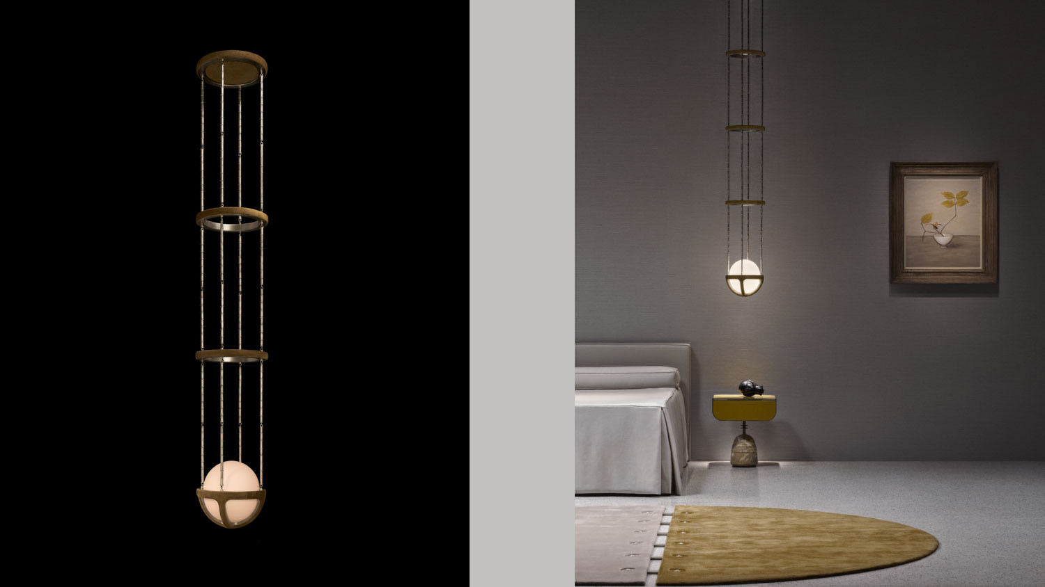 REPRISE ceiling pendant in Bronze Suede and Tarnished Silver, alongside another image of a ceiling pendant hanging above an end table in a bedroom.