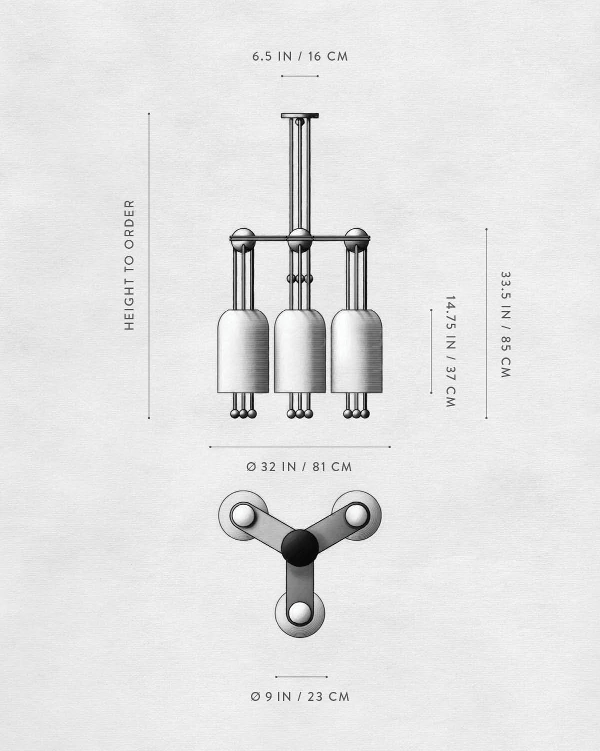 Technical drawing of LANTERN : 3 PENDANT. 