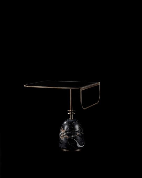 STANDBY side table in Black Patent Leather and Nero Portoro Marble, against a black background. 