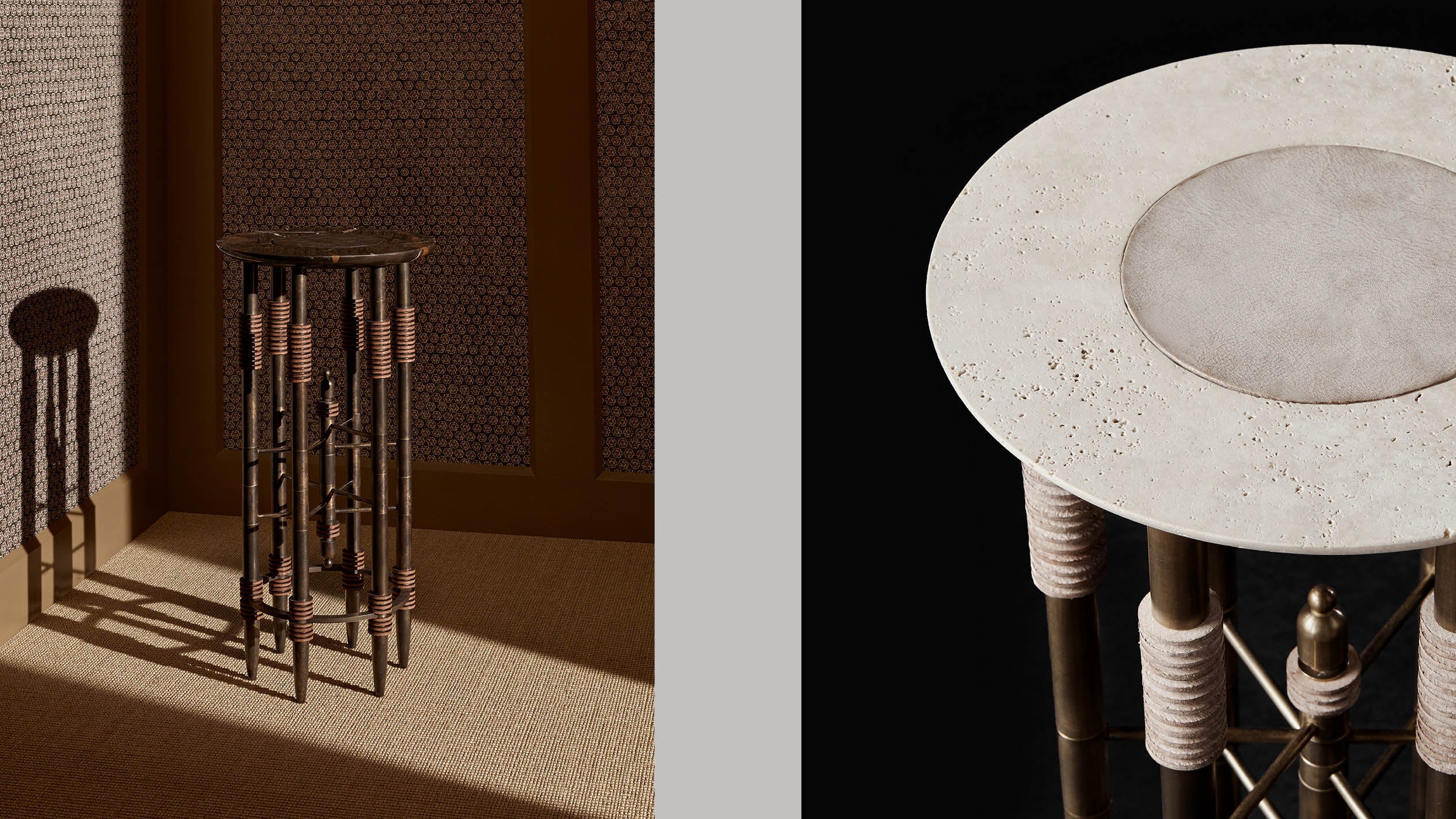 PARS cocktail table in Oil-Rubbed Bronze with Nero Gold Marble and Ebene Leather, alongside a closeup image of another PARS cocktail table showing details of the Travertine Stone and Bisque Leather.