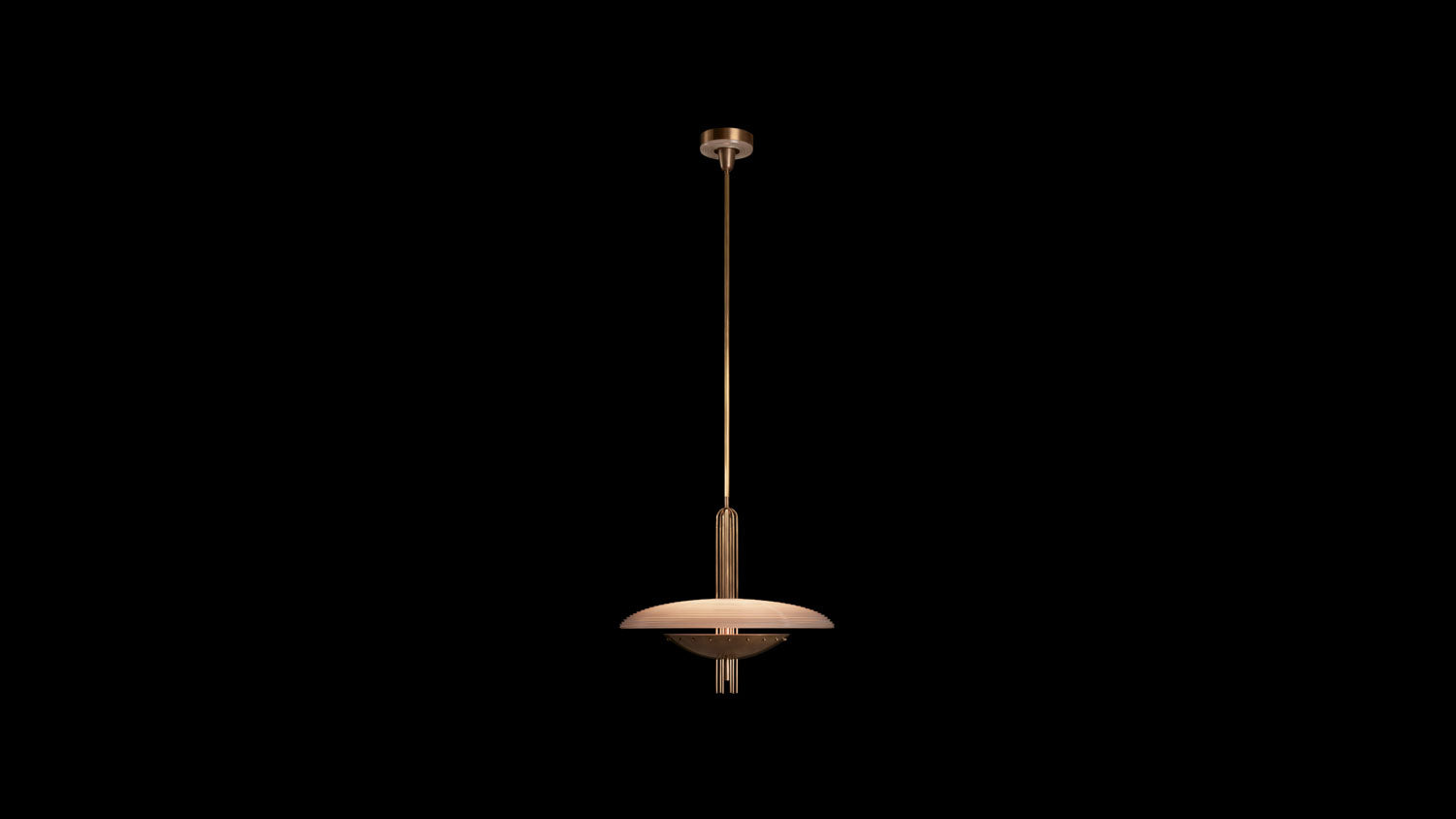 SIGNAL : Y ceiling pendant in Aged Brass with Smoked Glass, against a black background. 