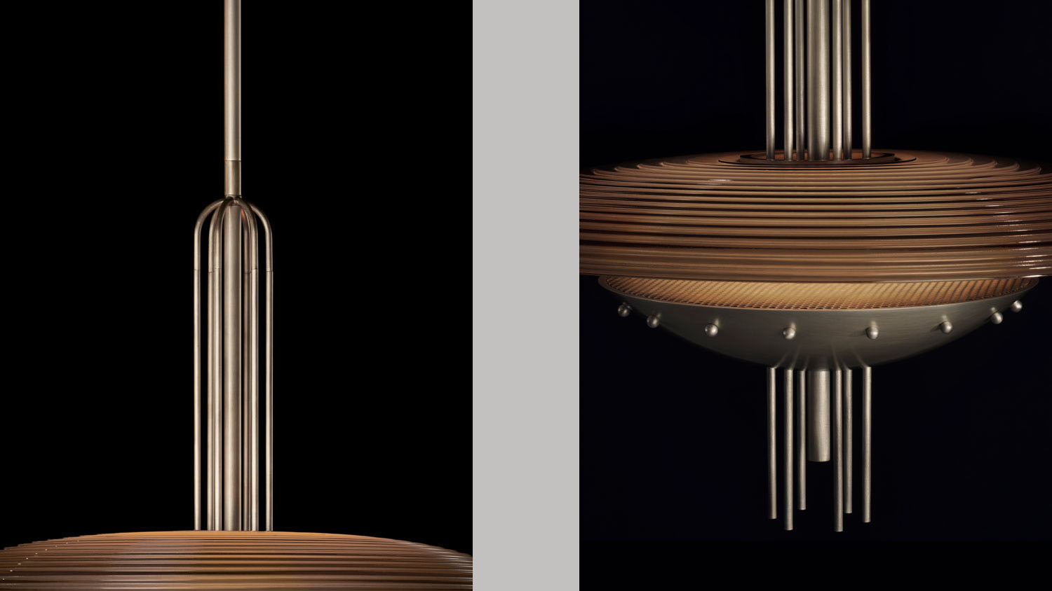 Close ups of the SIGNAL : Y ceiling pendant showing details of the Tarnished Silver finish and Smoked Glass. 