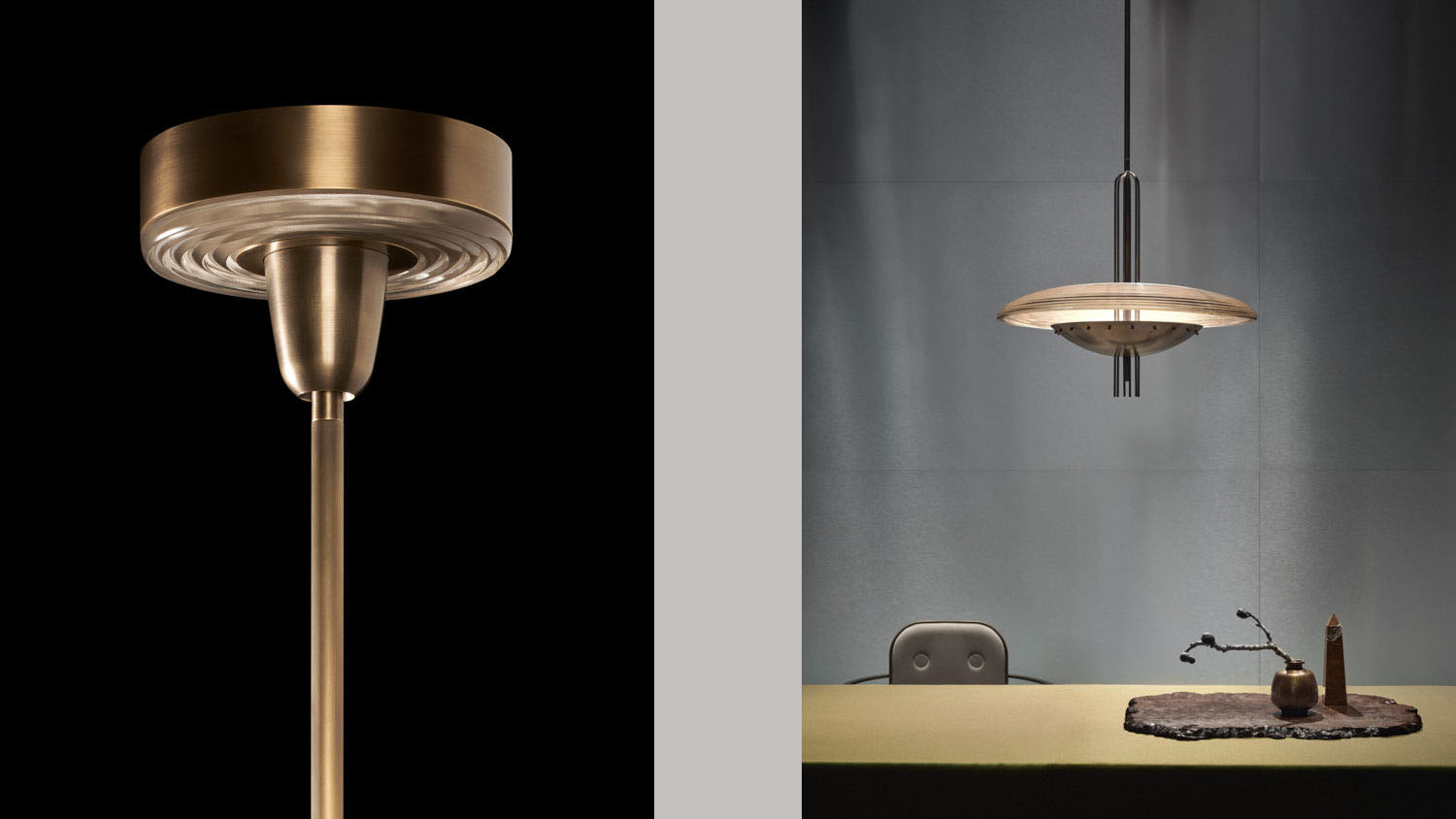 Close up of the canopy of a SIGNAL : Y ceiling pendant showing details of the Aged Brass finish, alongside an image of another SiGNAL : Y ceiling pendant in Oil-Rubbed Bronze with Smoked Glass, hanging above a dining table. 