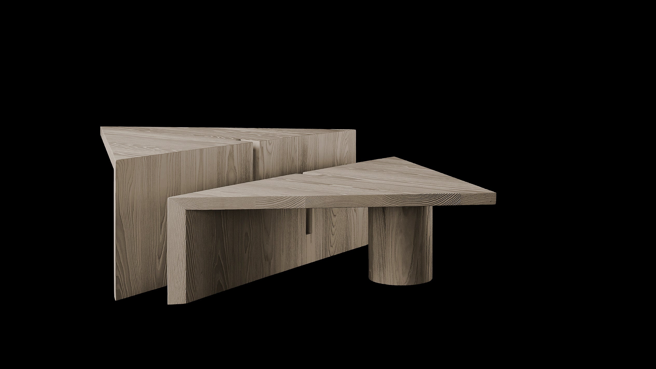 Modular PORTAL coffee table in Bleached Ash Wood against a black background. 