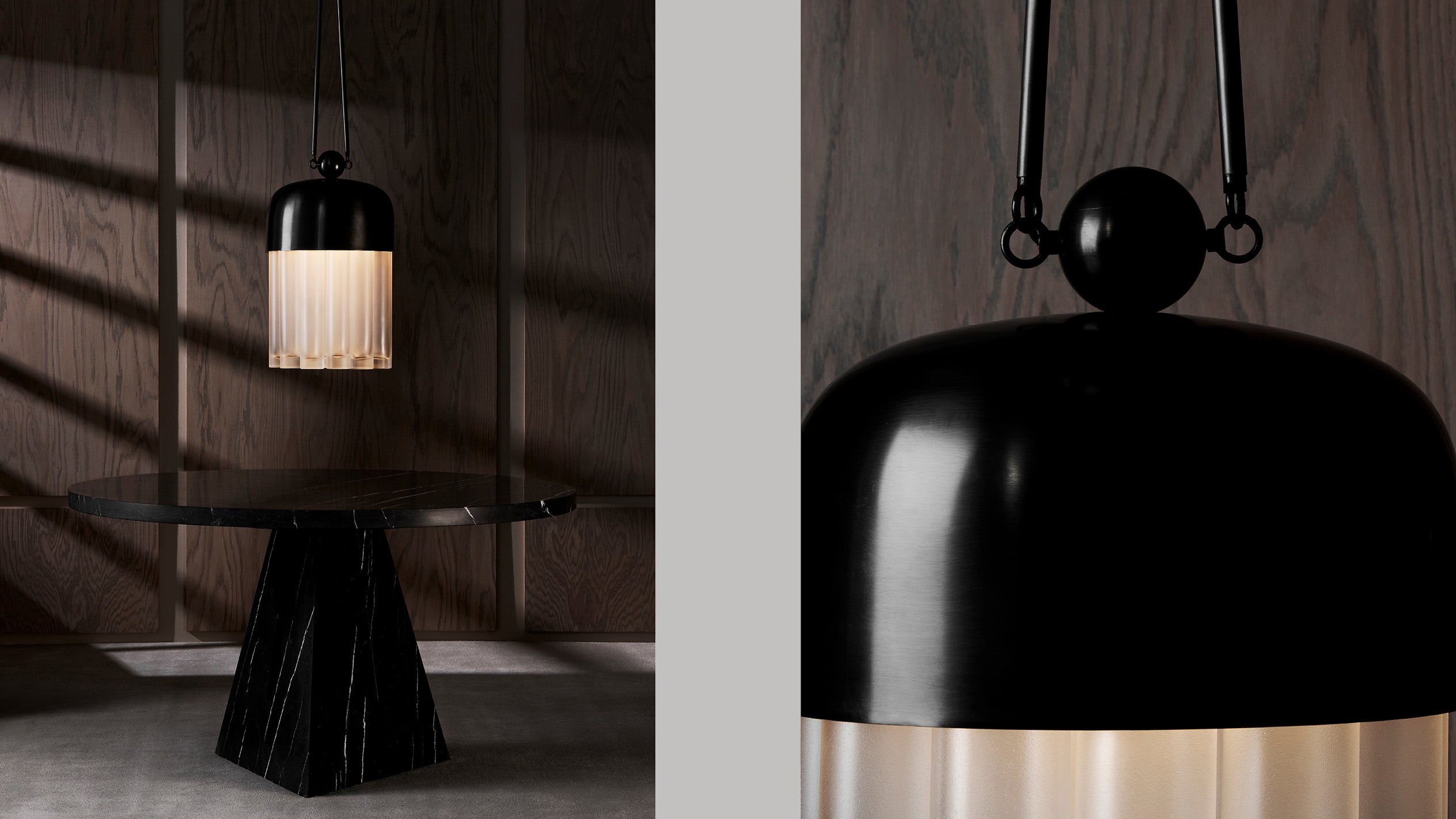 An illuminated TASSEL : 19 ceiling pendant hanging above a circular PORTAL dining table, alongside a close up of the ceiling pendant showing details of Blackened Brass finish. 