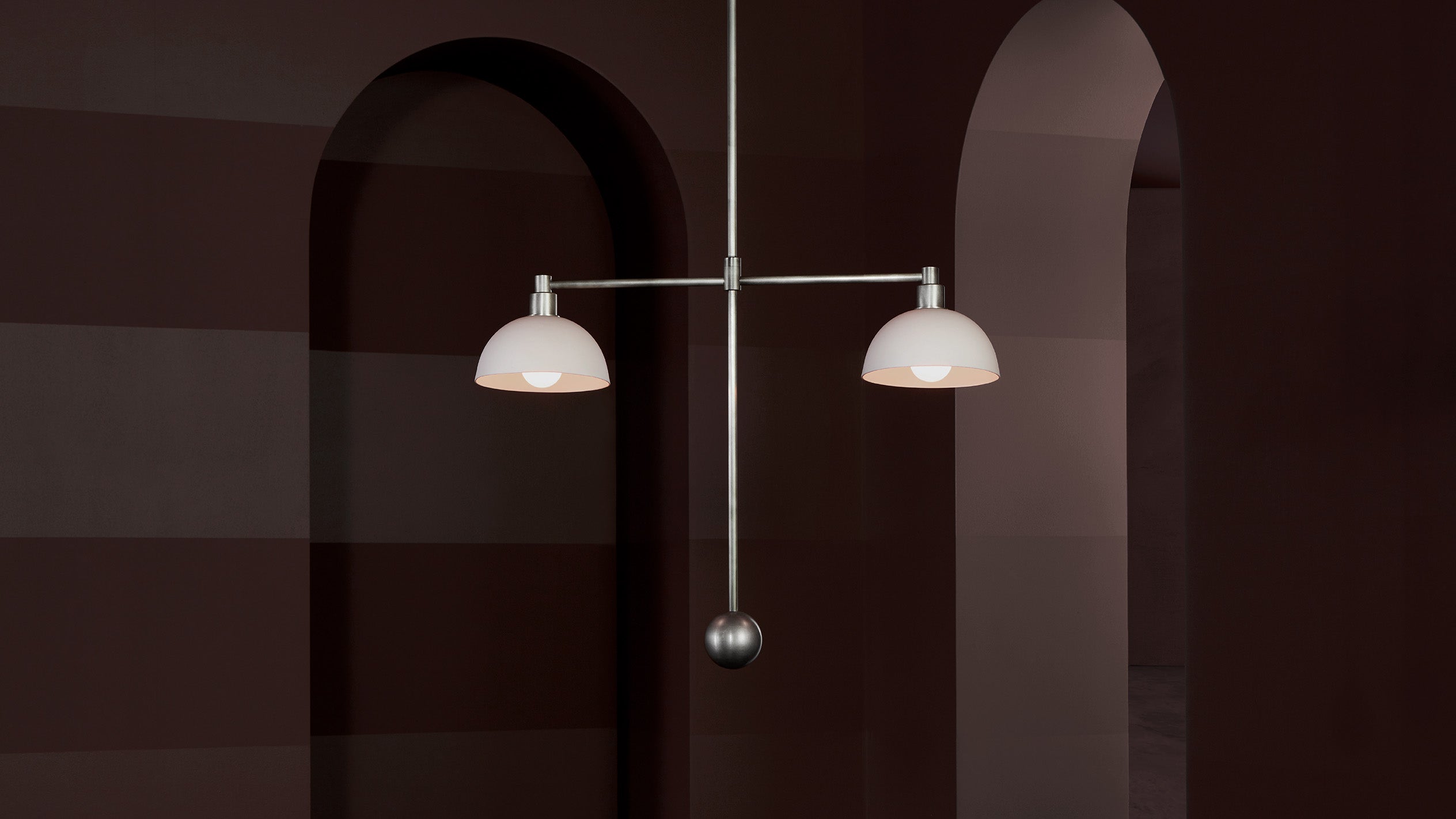 TRAPEZE : 2 MOBILE ceiling pendant in Tarnished Silver finish with porcelain bowls.