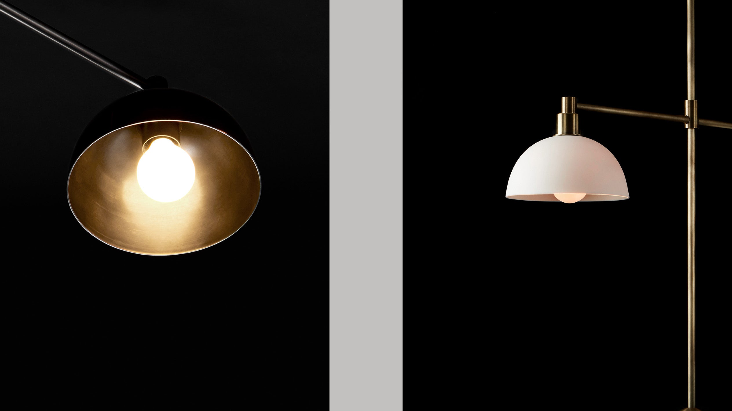 Close ups of a TRAPEZE : 2 MOBILE ceiling pendant showing details of the Aged Brass bowls, Blackened Brass finish, Porcelain bowls and Aged Brass finish. 