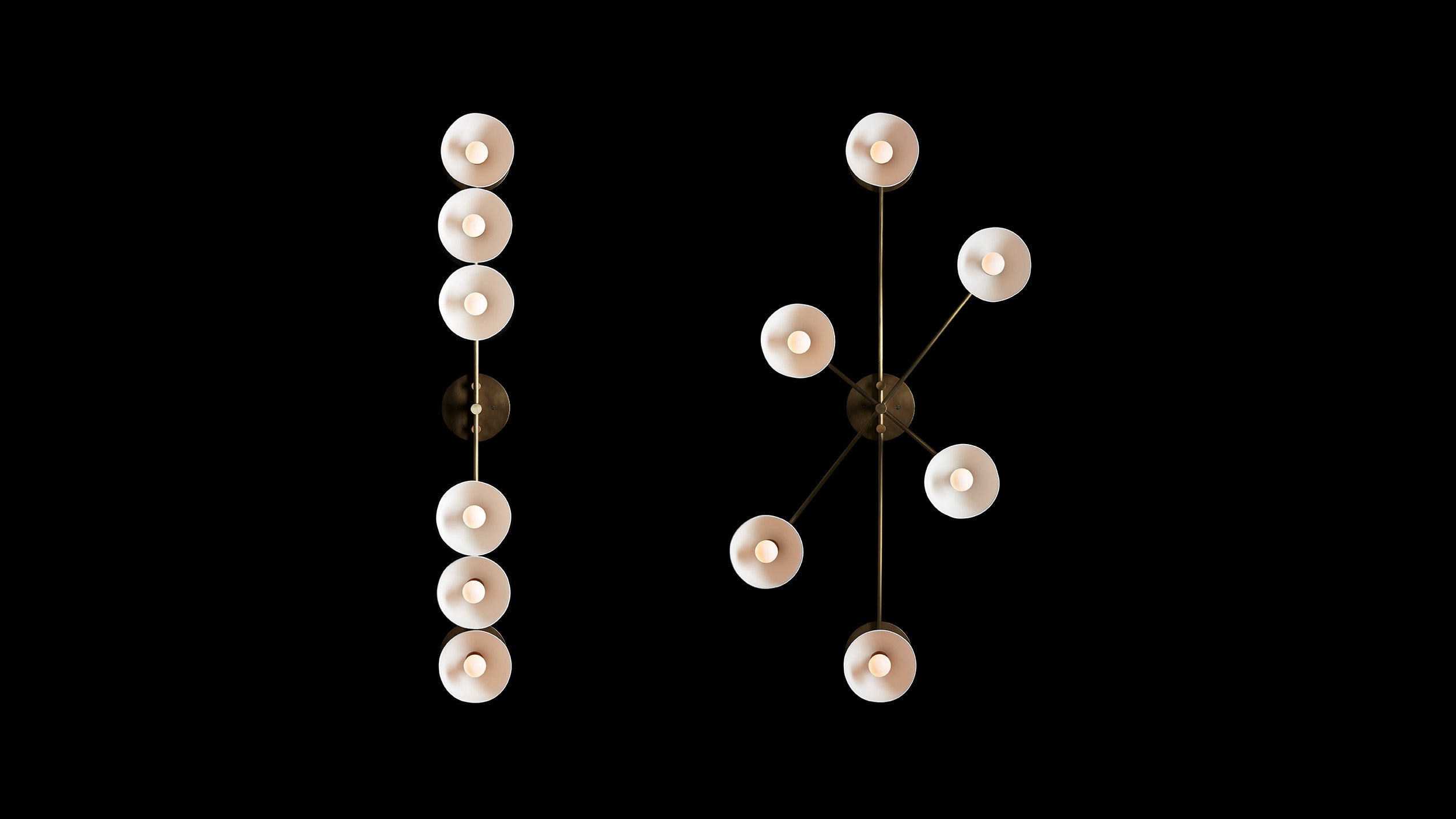 A pair of TRAPEZE : 6 surface lights mounted to a black wall in two different configurations. 