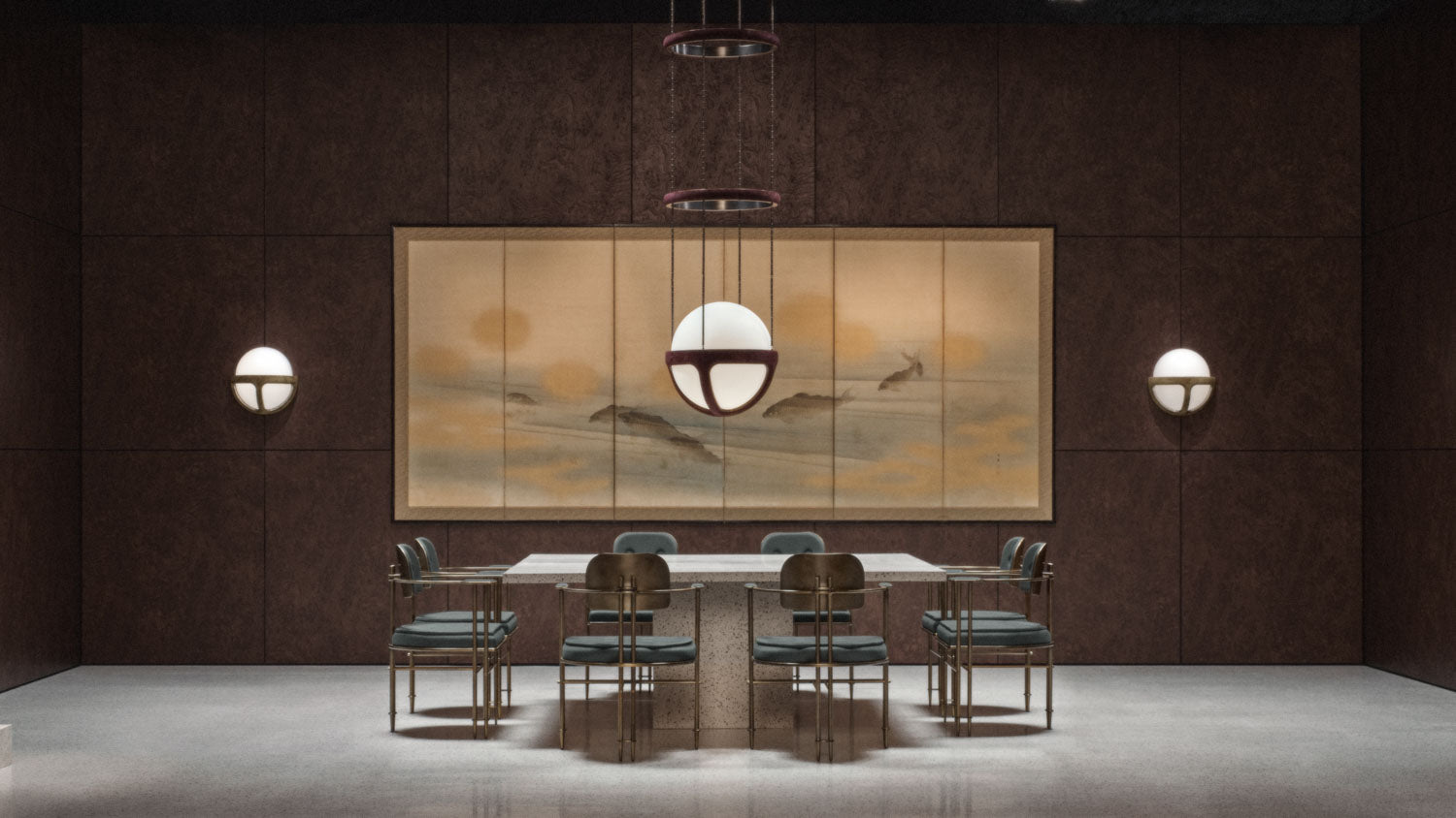 Eight EPISODE armchairs surrounding a table, with a REPRISE pendant light centered overhead and two REPRISE wall sconces. 