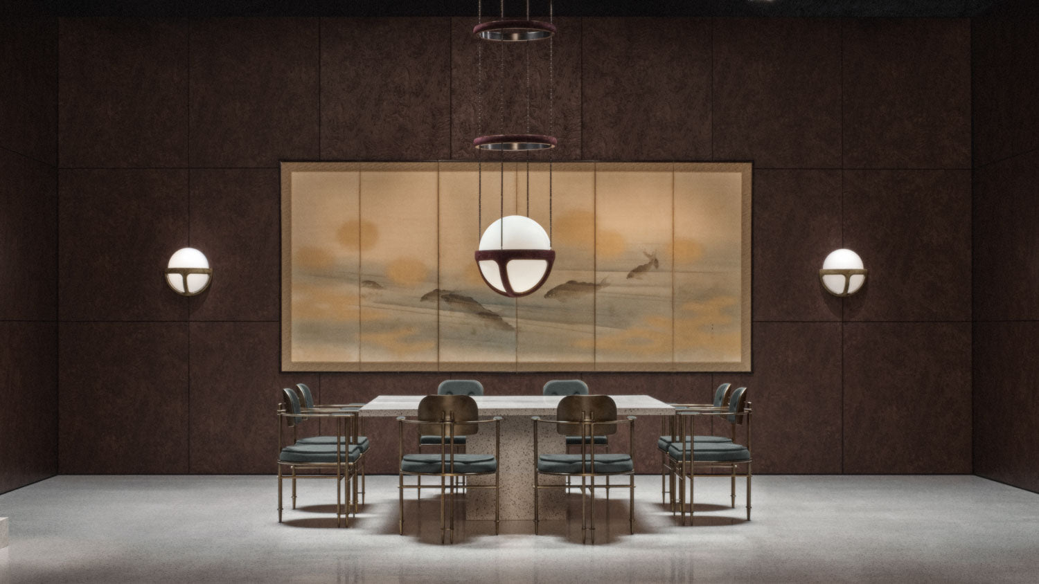 Eight EPISODE armchairs surrounding a table, with a REPRISE pendant light centered overhead and two REPRISE wall sconces.
