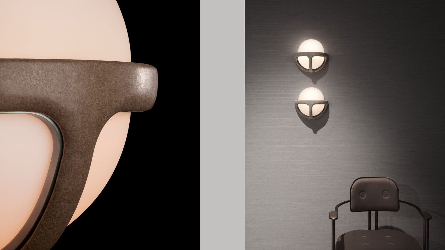 Close up of the REPRISE sconce showing details of the Taupe Leather and Tarnished Silver, alongside another image of two wall sconces are mounted vertically above an arm chair. 