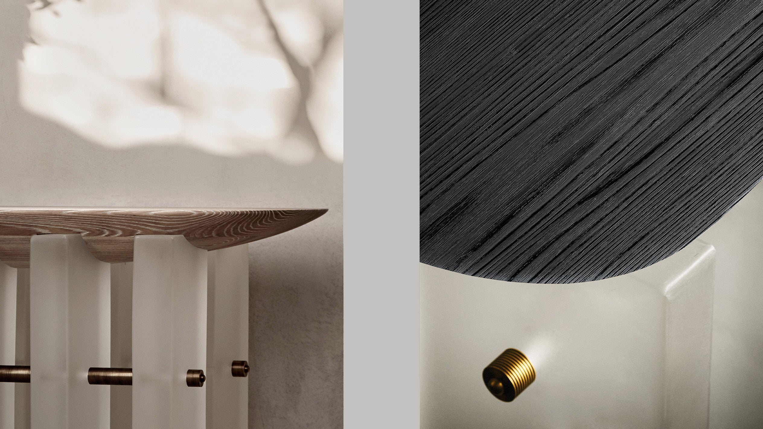 Close ups of the SEGMENT cocktail table showing details of the Bleached Ash Wood and Blackened Ash Wood material options. 