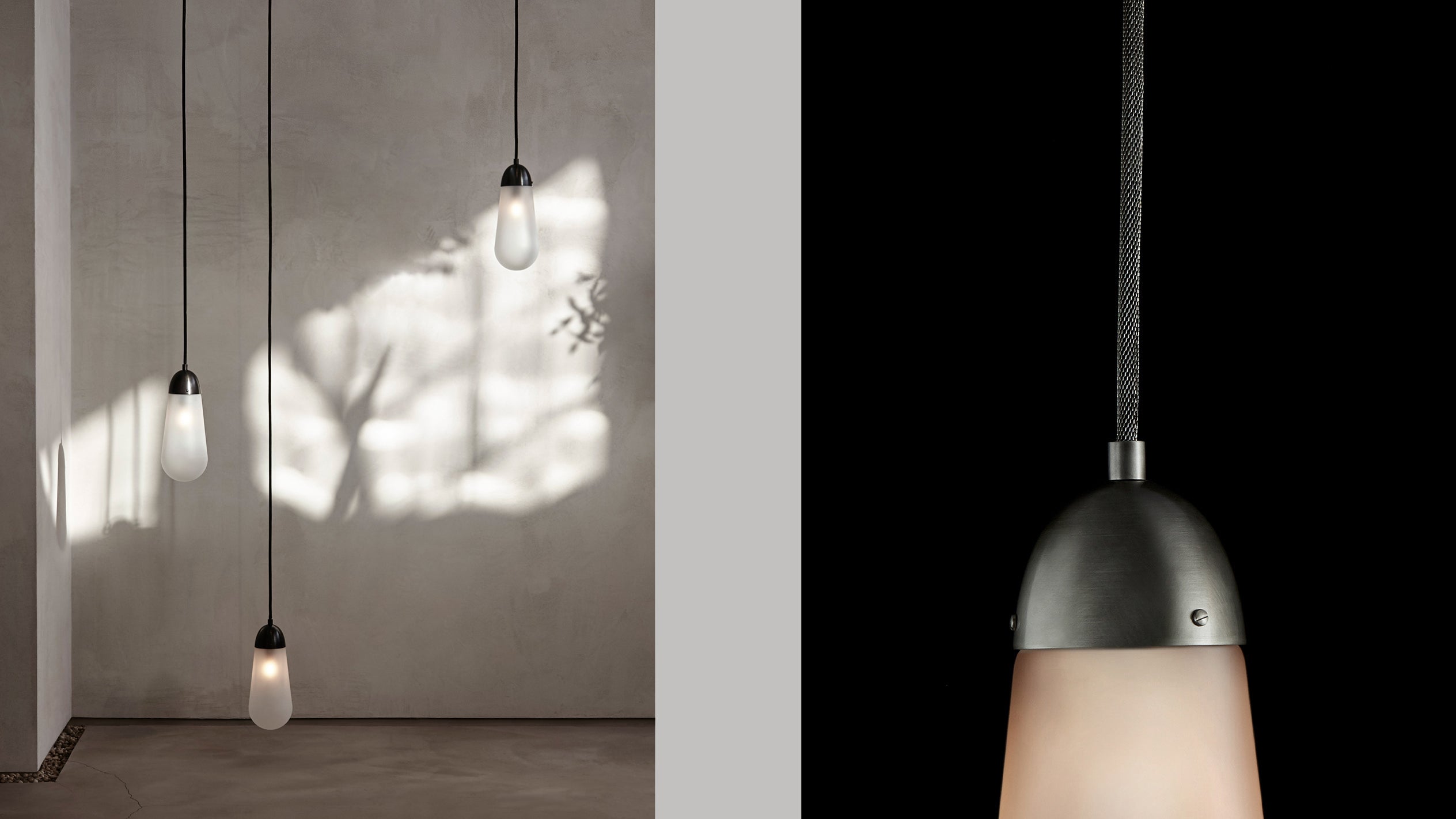 A trio of LARIAT ceiling pendants in Blackened Brass hanging at varying heights, alongside a close up image of the LARIAT pendant showing details of the Tarnished Silver finish and chain. 