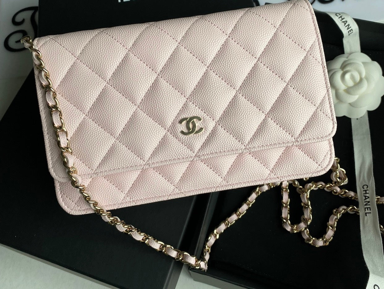 Brand New CHANEL 22B Pink Caviar GHW Beaded CC Wallet On Chain WOC