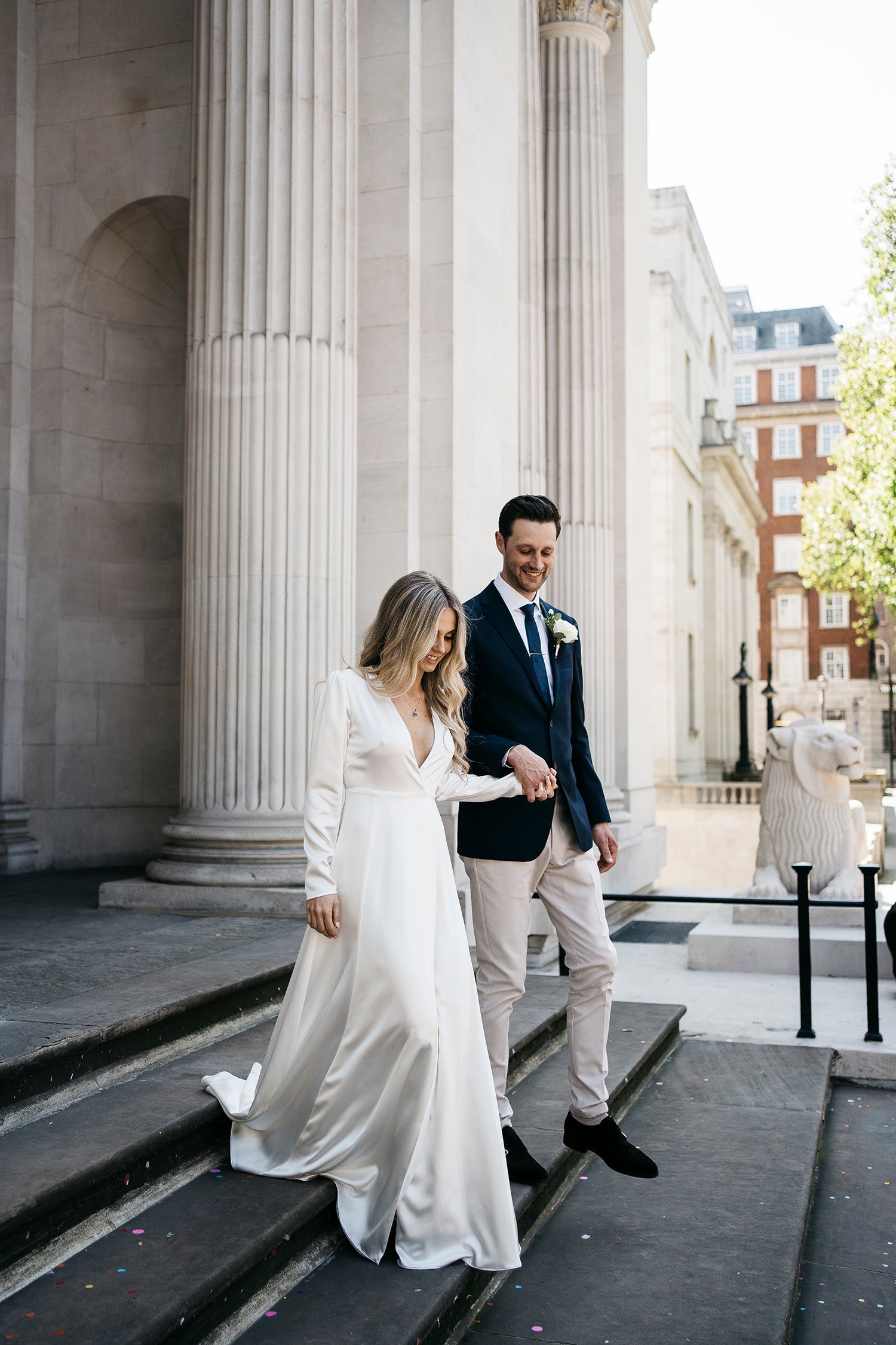 Our bride Charlotte wearing our Olsen Silk Wedding Dress shortly after her weding at Marylebond Town Hall