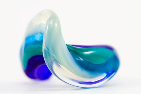 Handmade lampwork glass wave ring in blue, green and opal yellow hues