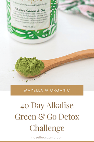 pinterest image of a wooden spoon of greens powder in front of a tub of Alkalise Green & Go