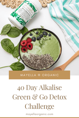 pinterest image of a green smoothie bowl next to a container of alkalise green and go