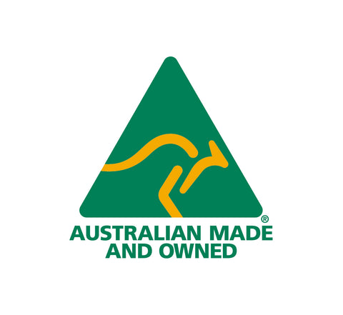 Australian Made and owned logo. A green triangle with a gold kangaroo inside and underneath the triangle are the words Australian Made and Owned