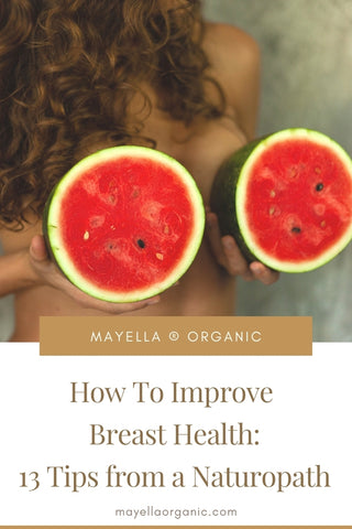 Pinterest image of a woman holding two halves of watermelon over breasts