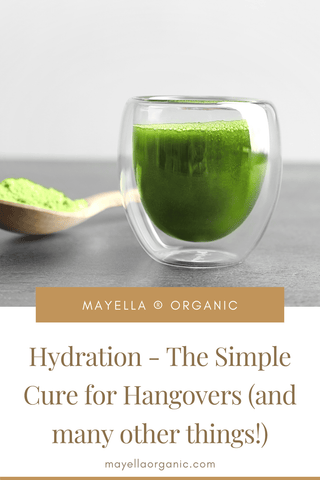 pinterest image with a clear coffee glass filled with green juice with text that reads Hydration - The Simple Cure for Hangovers (and many other things!)