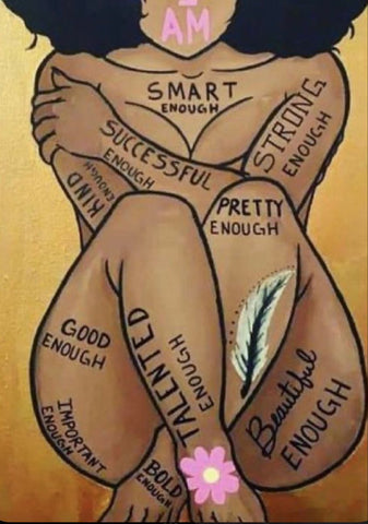 Sketch of a woman sitting cross legged with self worth messages written over her body