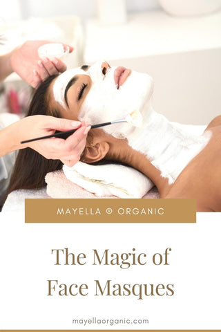 Pinterest image for this blog post. The top half is a photo of a woman lying down on a spa salon table. She has a white face masque on her face and neck and there are two hand of a woman behind her holding a brush as she adds more masque on. The bottom half of the image is text that reads: The Magic of Face Masques
