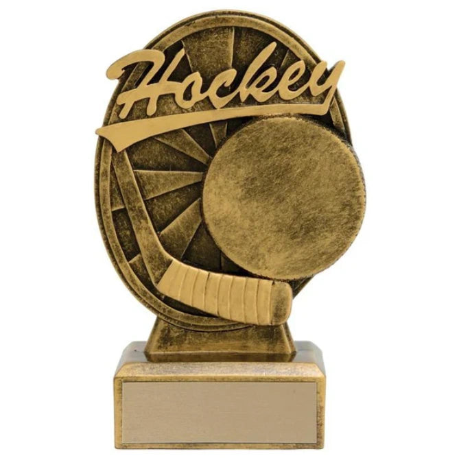 Holiday party award ideas - custom hockey resin trophy with engraving plate perfect for family game night celebrations.