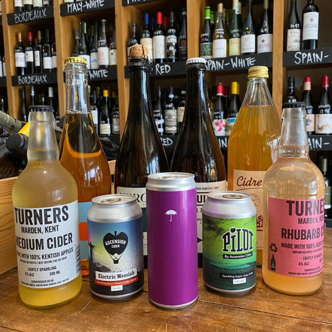 Cider selection of bottles and cans in the Seven Cellars shop