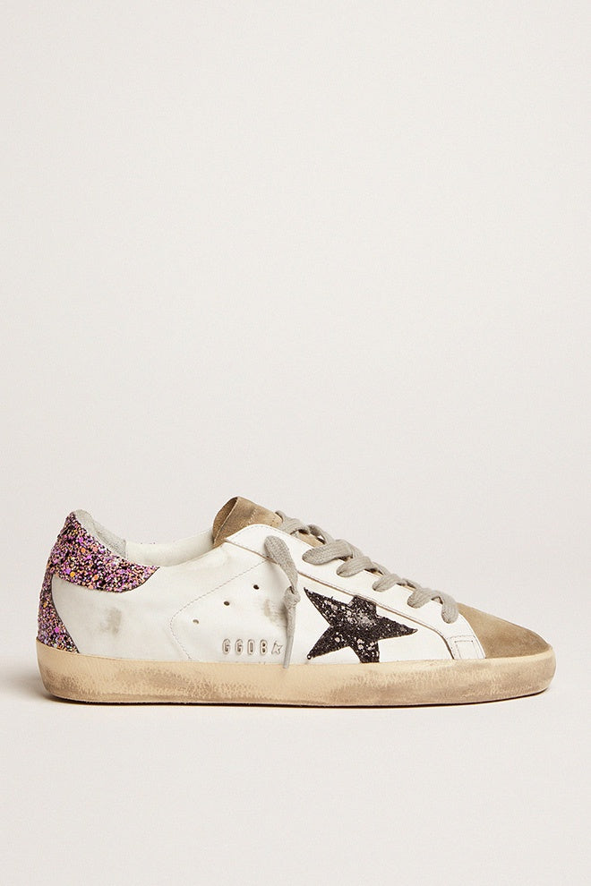 white leather superstar sneakers with glittery heel tab