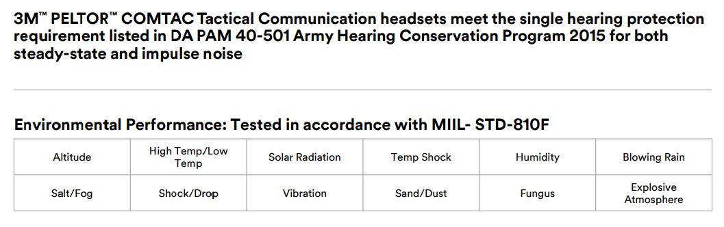 chart of waterproof and other ratings for comtac V for sale