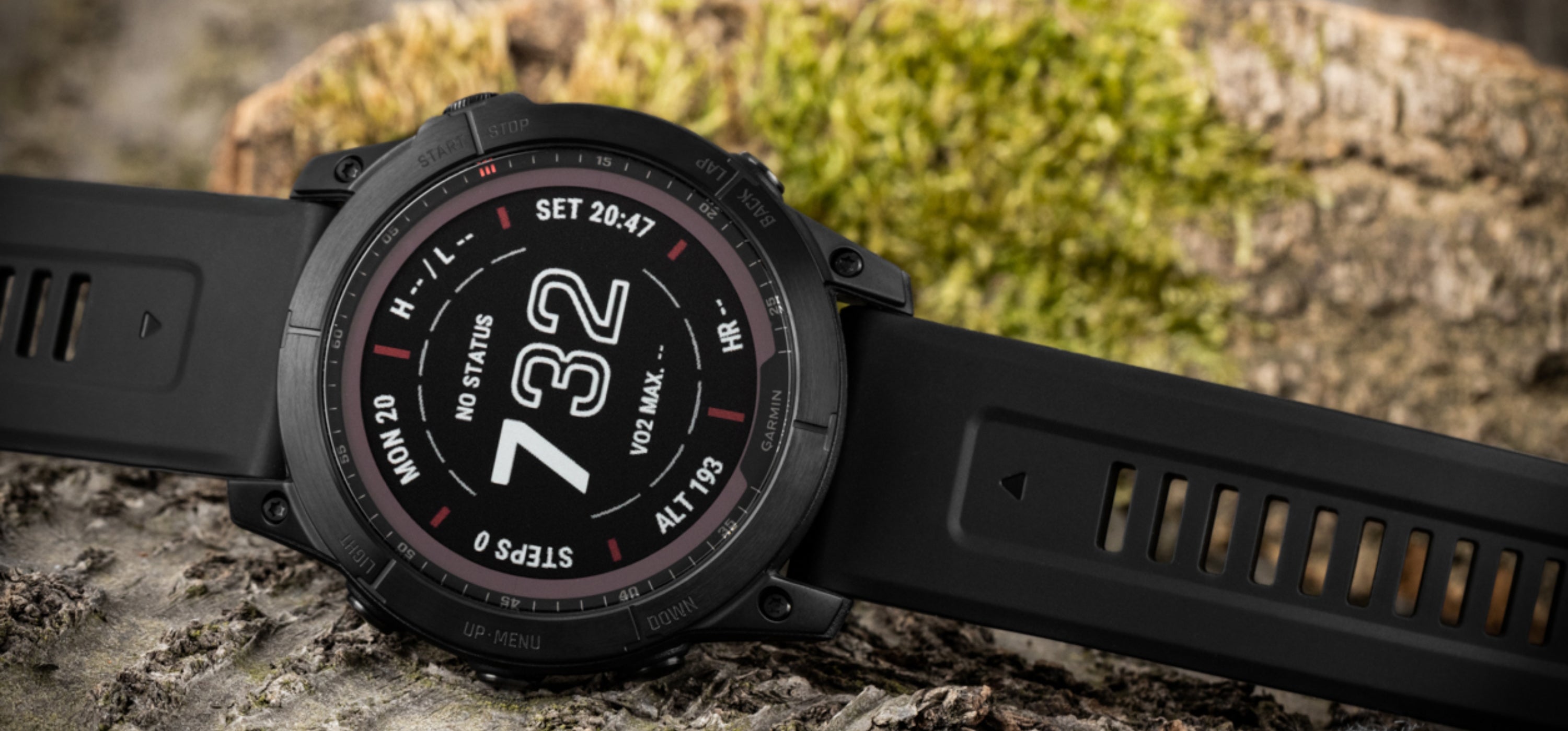 Garmin Fenix 7x Pro Sapphire Solar on a mossy rock