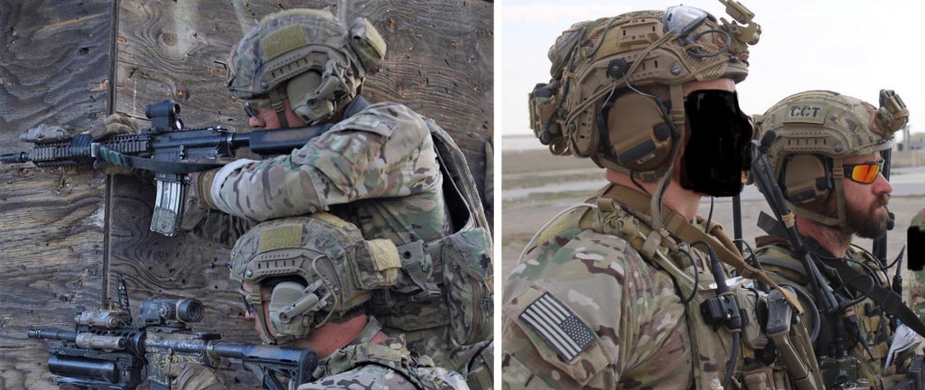 Ops-Core FAST Carbon Helmet and Ops-Core AMPs headsets being used together